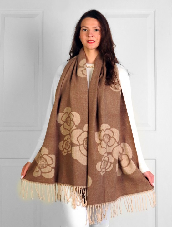 Cashmere Feeling Flower Scarf with Fringes